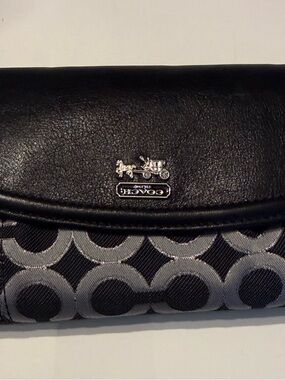 Coach Black and Gray Signature Continental Wallet with Horse & Carriage Emblem
